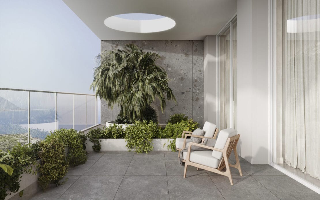 Balcony or veranda in a modern house or apartment with cozy armchairs, wood wall and plant, sunbeam, 3d render